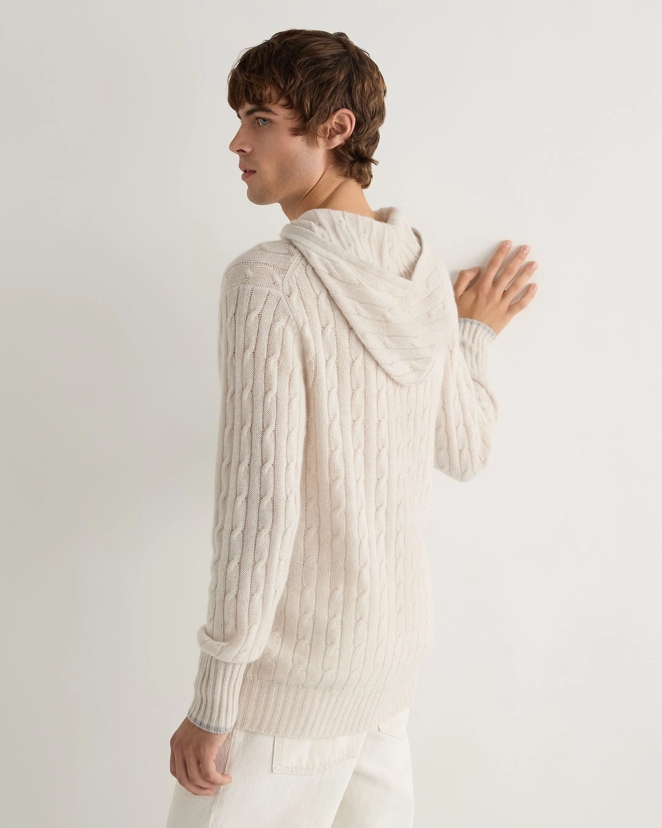 Men's Fitzrovia Cable Cashmere Hoodie Frost White