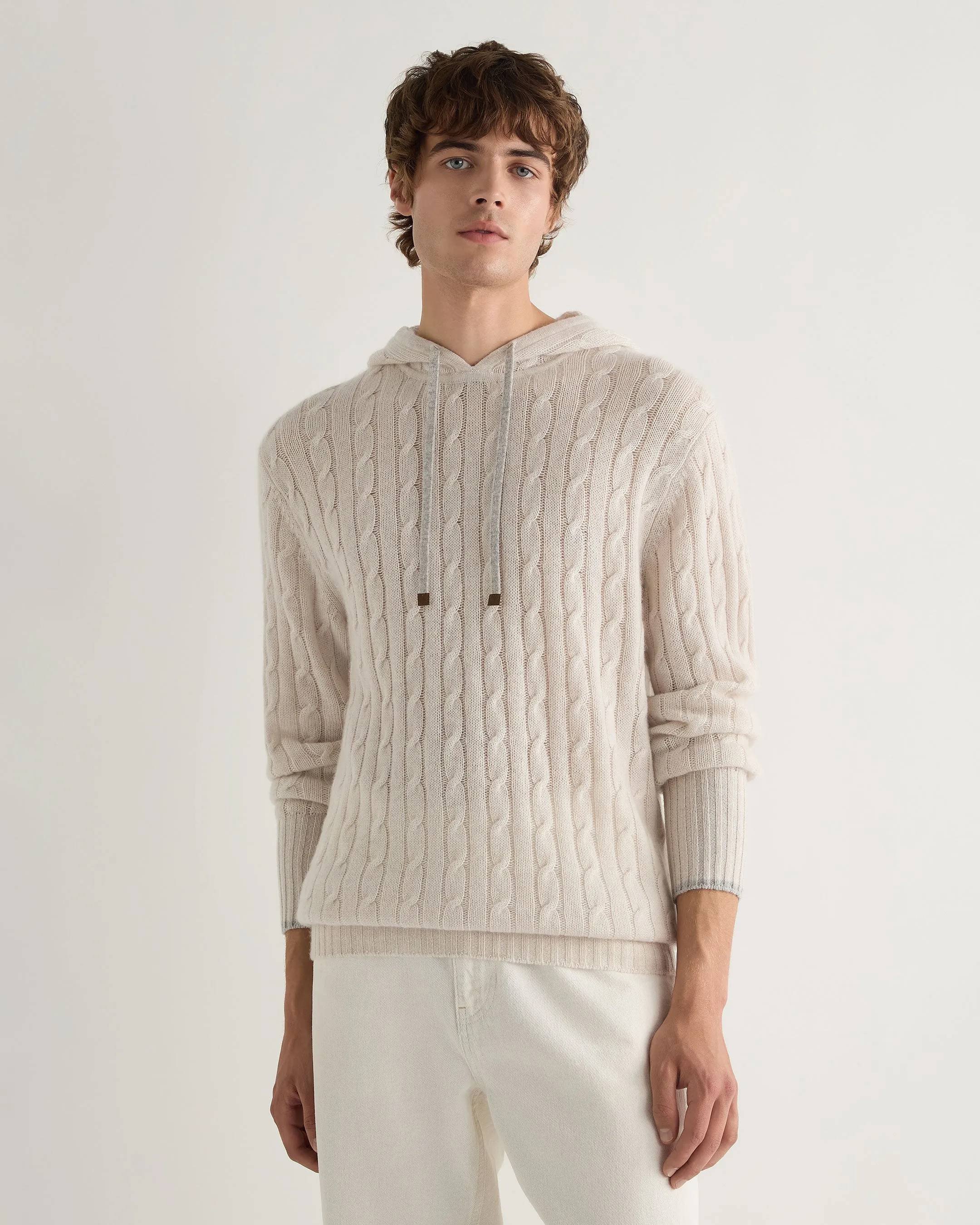 Men's Fitzrovia Cable Cashmere Hoodie Frost White