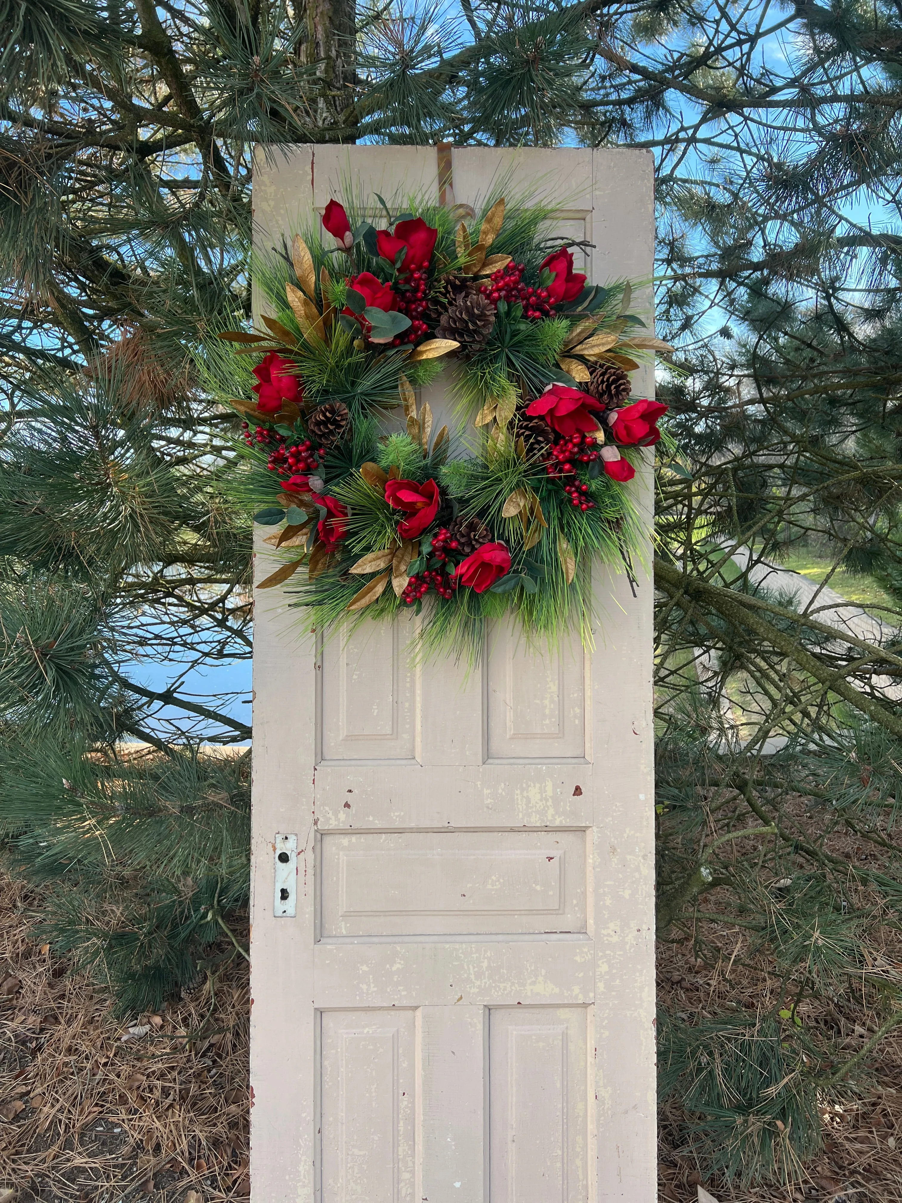 Red Magnolia Wreath with Gold Bay Leaf