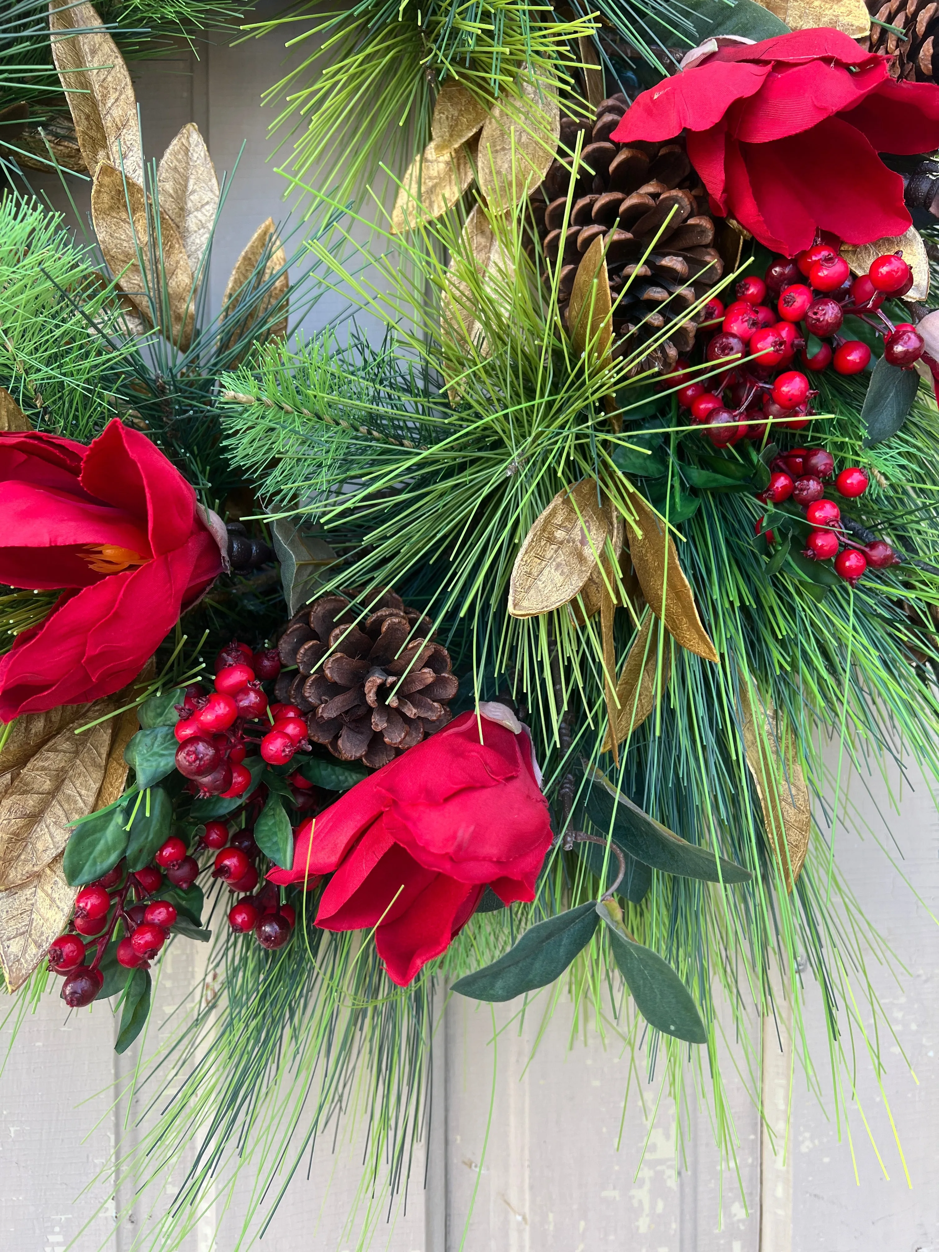 Red Magnolia Wreath with Gold Bay Leaf