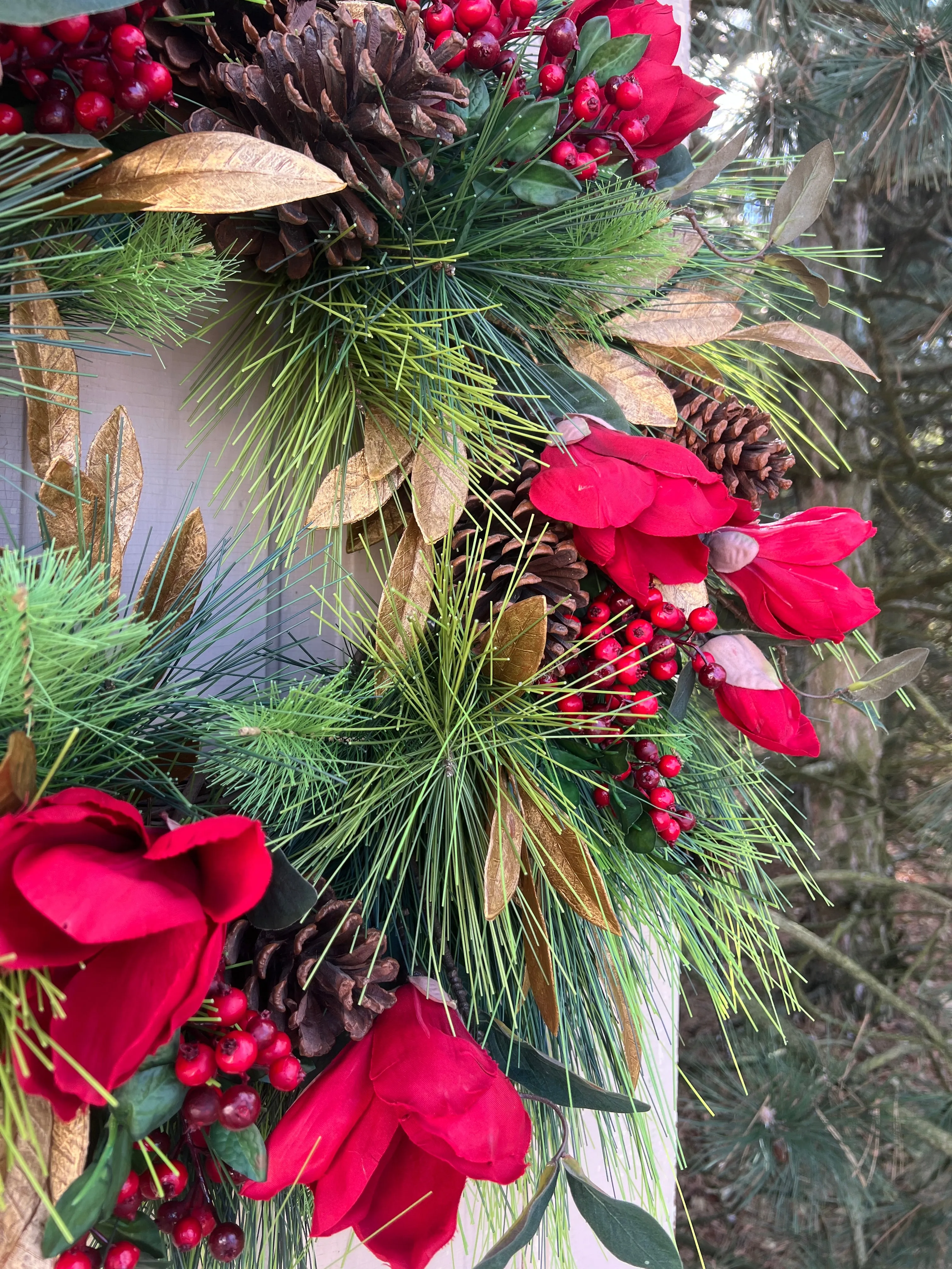 Red Magnolia Wreath with Gold Bay Leaf