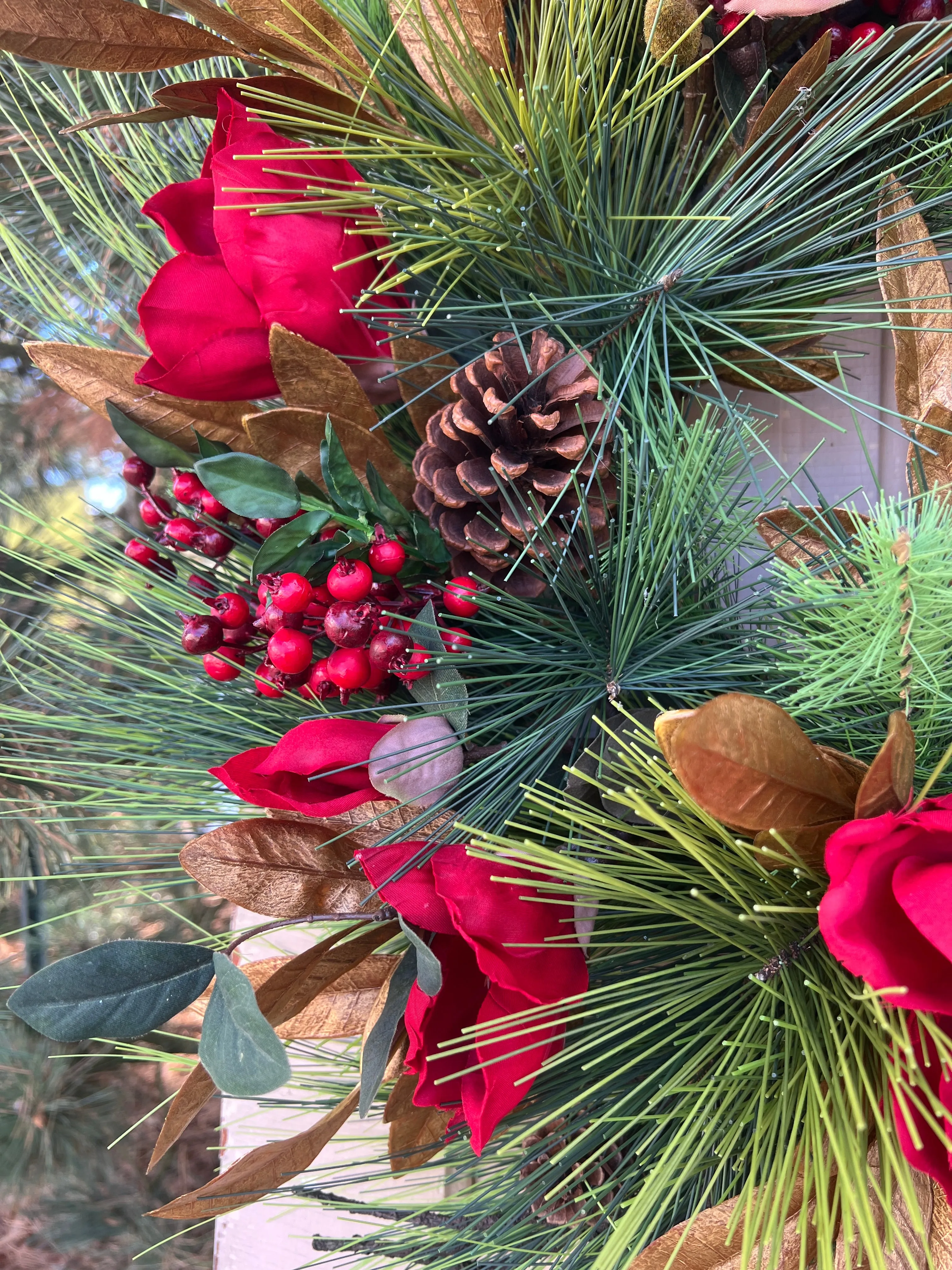 Red Magnolia Wreath with Gold Bay Leaf