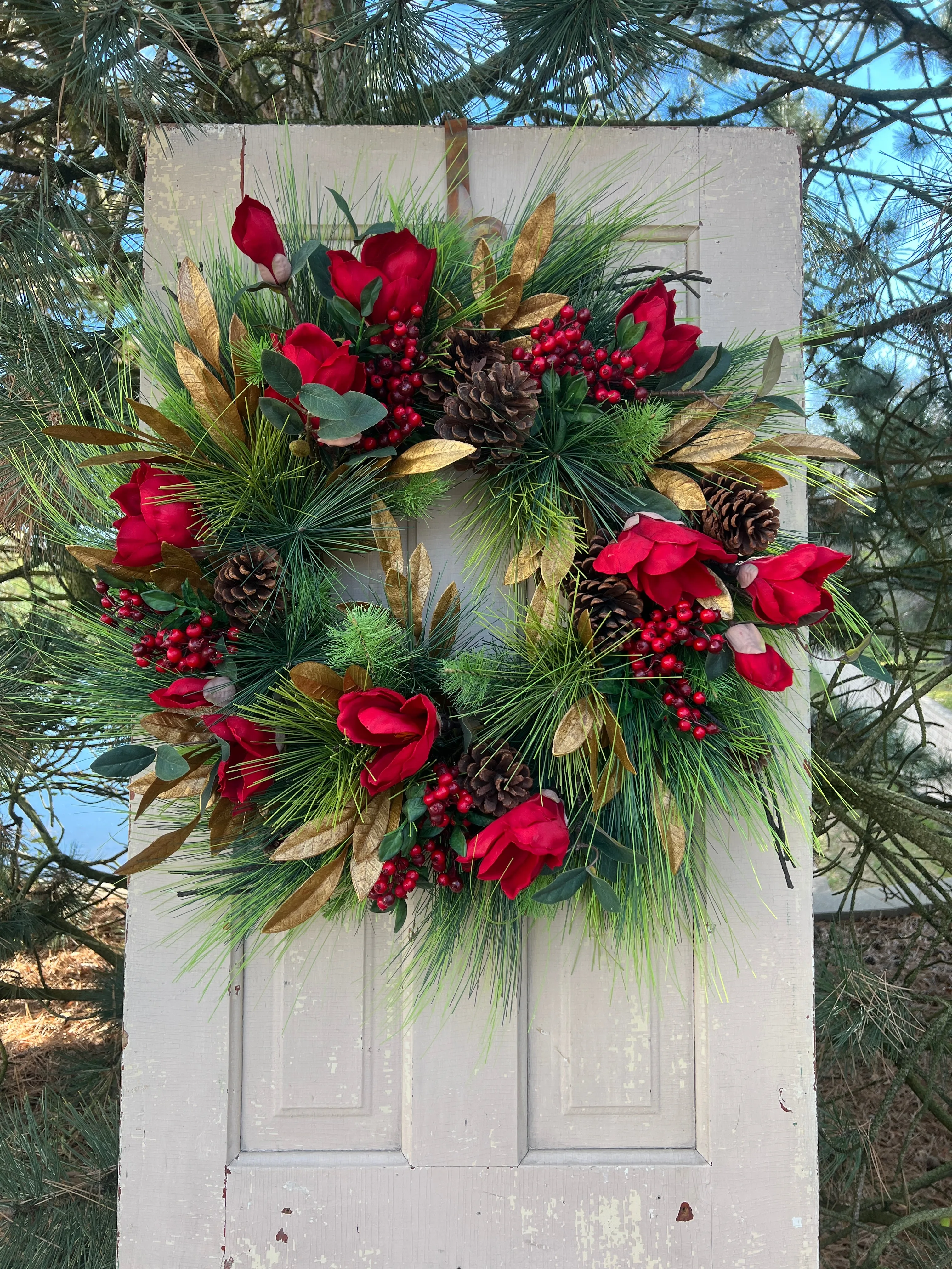 Red Magnolia Wreath with Gold Bay Leaf